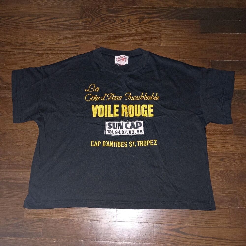 Vintage Crop Top Womens Large CAN Brand Cote D'Azure Embroidered Cropped T-Shirt